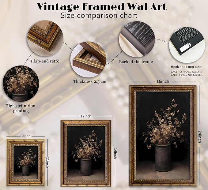 Vintage Gold Framed Wall Art Fall Dried Flowers Antique Vase Country Oil - Image 4