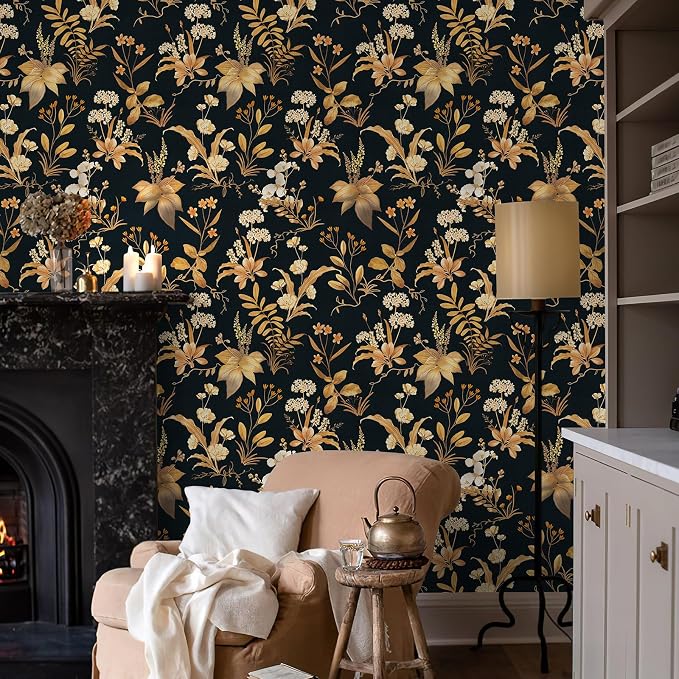Simon&Siff Vintage Wallpaper Peel and Stick Black Gold Floral Wallpaper - Image 6