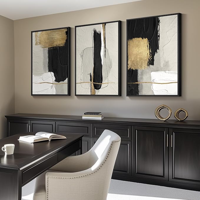 Large Framed Black and White Abstract Wall Art, 3 Piece Modern Canvas Prints - Image 2