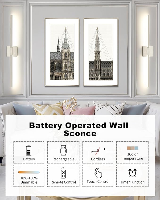 Rayogale Rechargeable Battery Operated Wall Sconce Set of Two, 24 Inch - Image 2