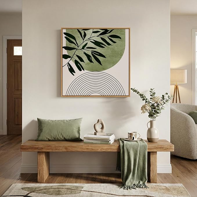 Framed Green Boho Botanical Wall Art, Sage Green Abstract Paintings Artwork - Image 4