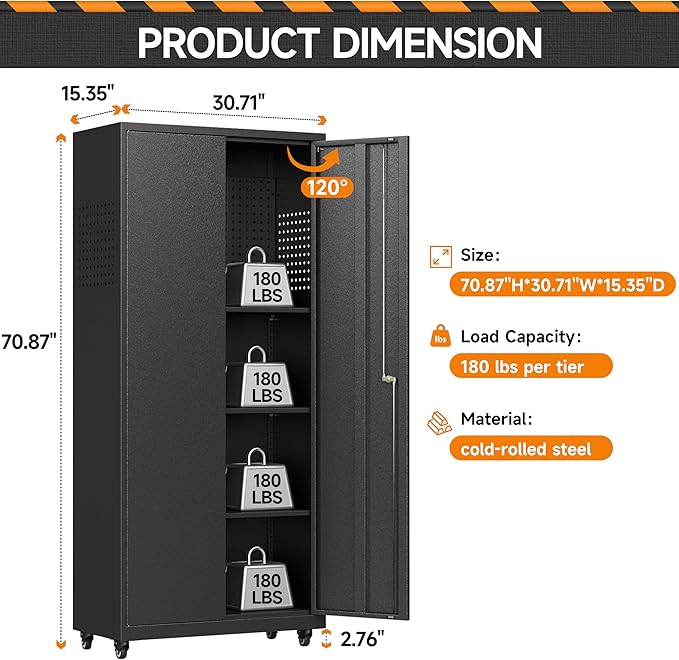Garage Storage Cabinet with Wheels, Metal Storage Cabinet with 2 Doors and - Image 3