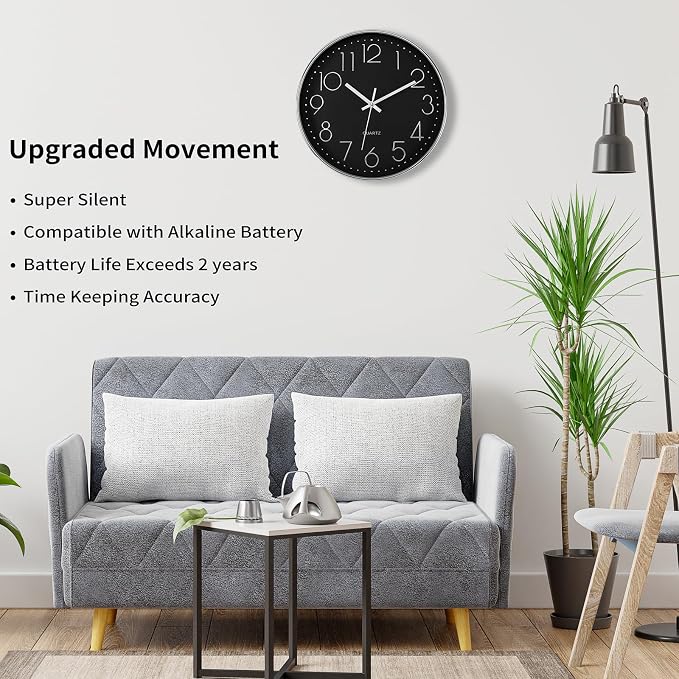 Foxtop Silver Wall Clock Silent Non-Ticking Battery Operated Round Modern Wall - Image 3