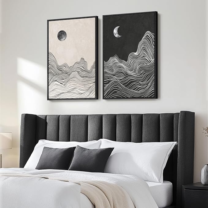 Large Framed Black and White Abstract Wall Art, Abstract Mountain and Moon - Image 4