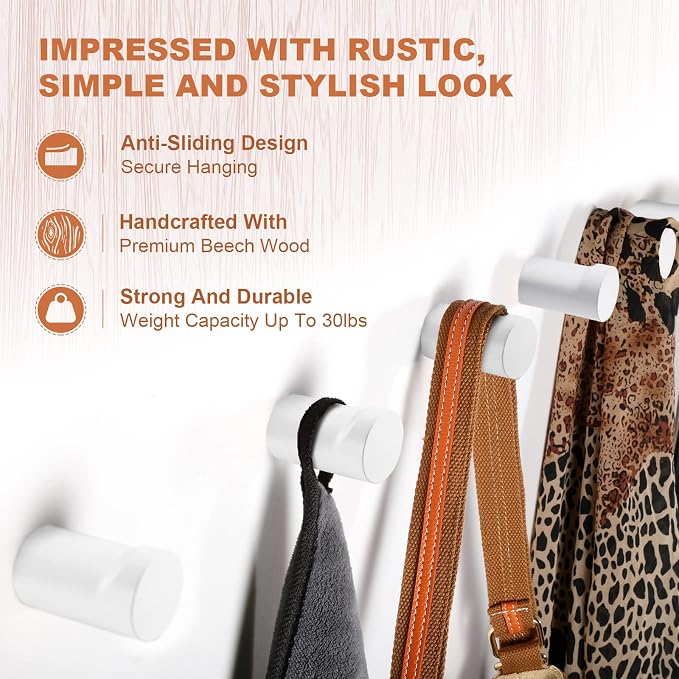 bsdonte Wood Wall Hooks 6 Pack, Modern Decorative Coat Hooks Wall Mounted - Image 3