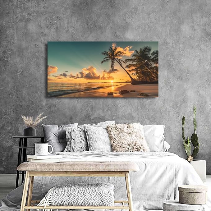 Beach Wall Art Palm Tree Pictures Sunset Coastal Landscape Bathroom Wall Decor - Image 4