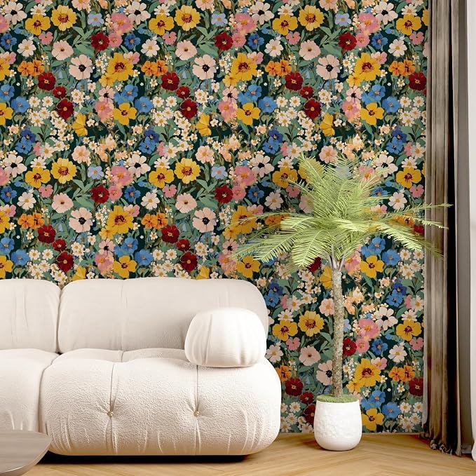 BOKEBEVE Watercolour Floral Peel and Stick Wallpaper Colorful Boho Contact - Image 2