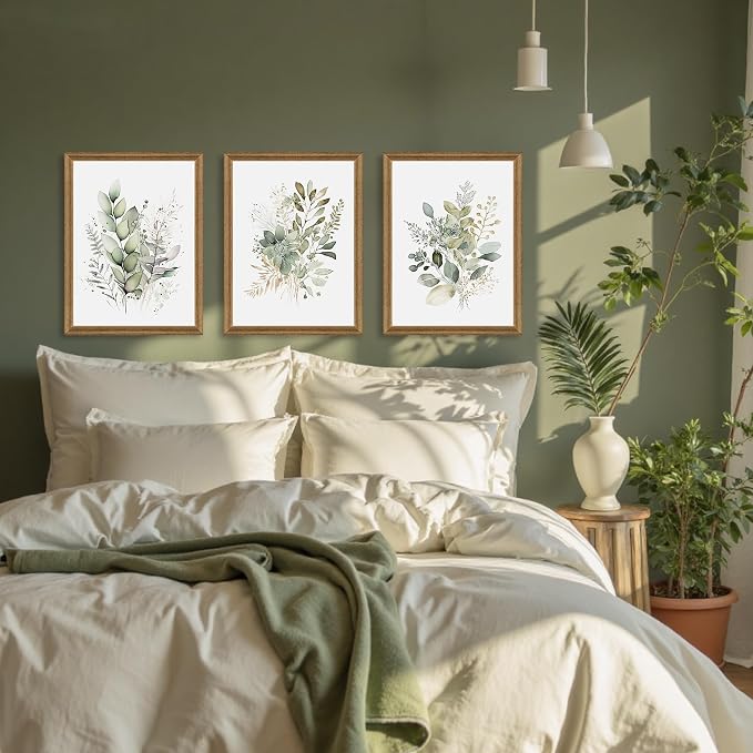 WRFON Framed Sage Green Botanical Wall Art Set of 3, Watercolor Eucalyptus & - Image 4