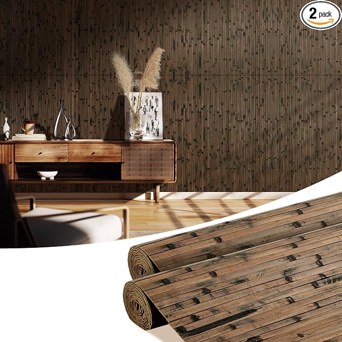 OUZUGIE 2 Pack 96x48 Inch Natural Bamboo Wall Panel – Brown Burned Pole Wrap by OUZUGIE
