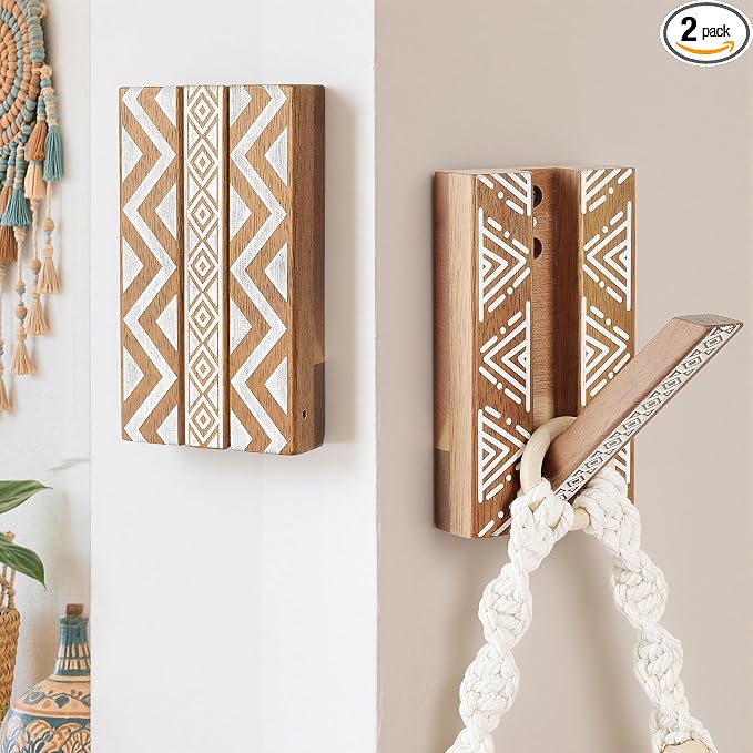 Boho Foldable Wall Hooks: Decorative Wooden Coat Hooks 2Pack Mounted by KYIAANY