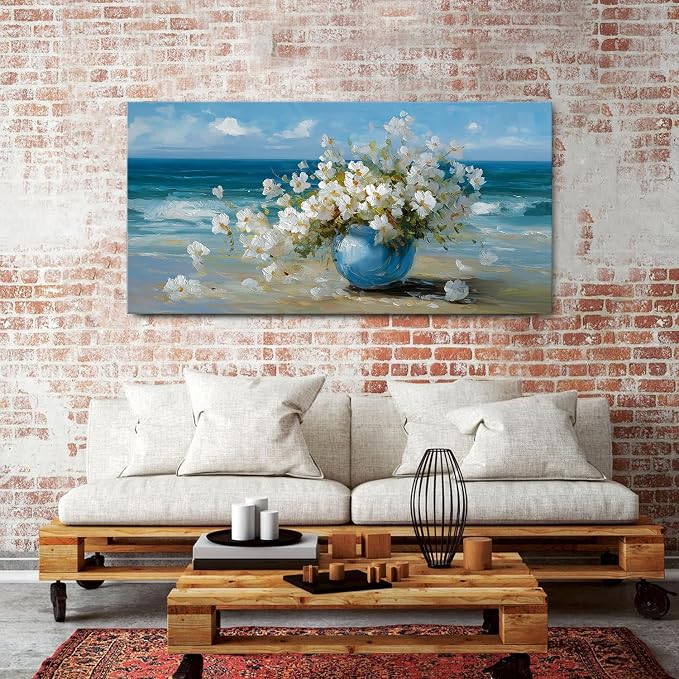 Vintage Flowers Canvas Wall Art White Blossom Painting Retro Flowers in Blue - Image 2