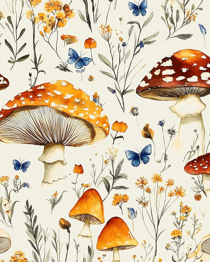 BOKEBEVE Mushroom Peel and Stick Wallpaper Beige Colorful Floral Contact Paper by BOKEBEVE