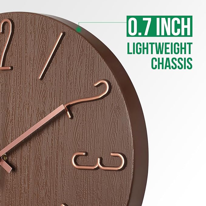 Wall Clock 12 Inch Silent Non-Ticking Imitation Wood Indoor Clock Round Brown - Image 4
