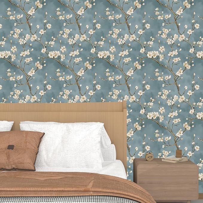 Blue Floral Wallpaper Peel and Stick Vintage White Flowers Contact Paper Vinyl - Image 6