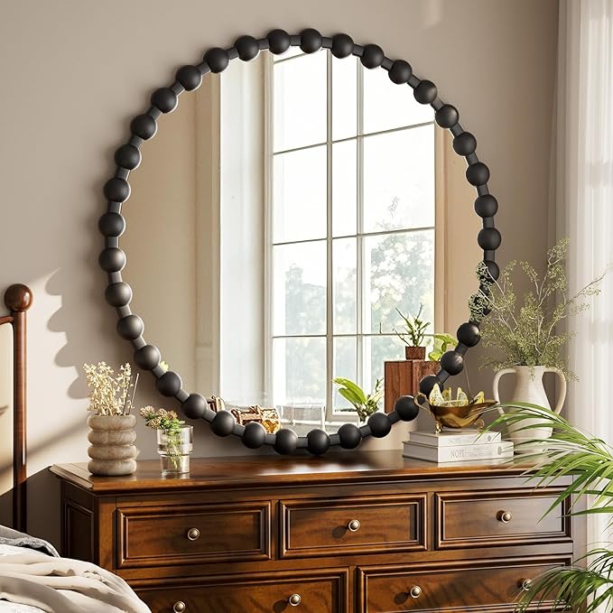 Easly Round Mirror for Wall, 32 Inch Black Beaded Frame Decorative Vanity Mirror by EASLY