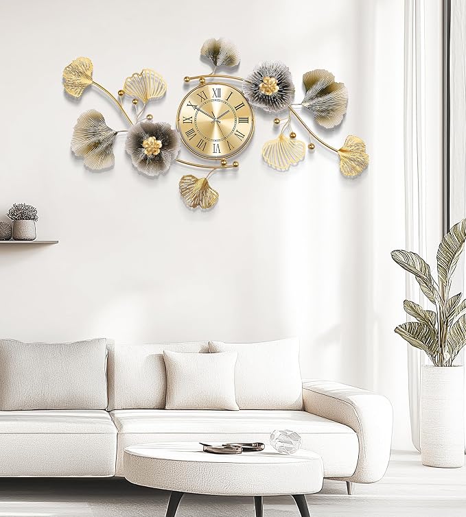 Wall Clocks for Living Room Decor, Large Wall Clock, 3D Creative Metal Ginkgo - Image 5