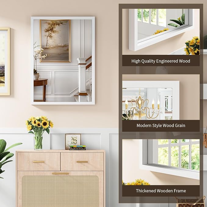 Syndra White Wood Frame Bathroom Mirror, Waterproof Slim Deep Frame, - Image 3