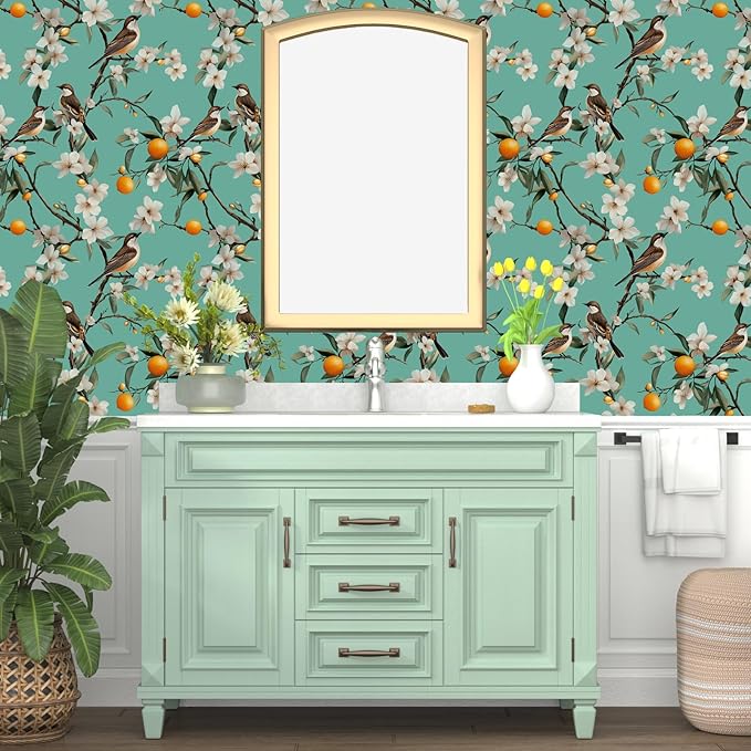 Teal White Bird Floral Wallpaper Peel and Stick, Fresh Orange Tree Contact Paper - Image 5