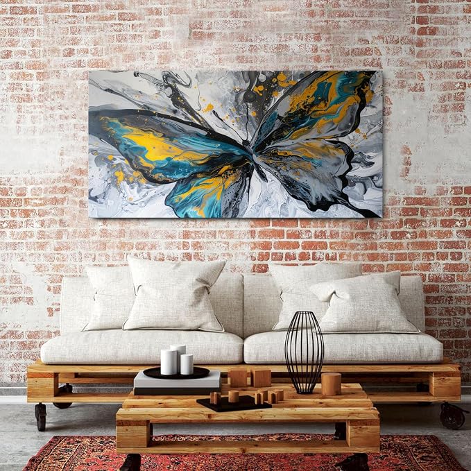 Abstract Butterfly Wall Art Teal Grey Yellow Butterfly Wall Decor Modern Marble - Image 2