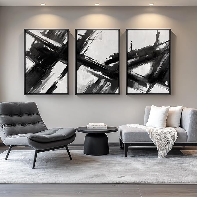 Large Framed Black and White Abstract Canvas Wall Art - Image 8