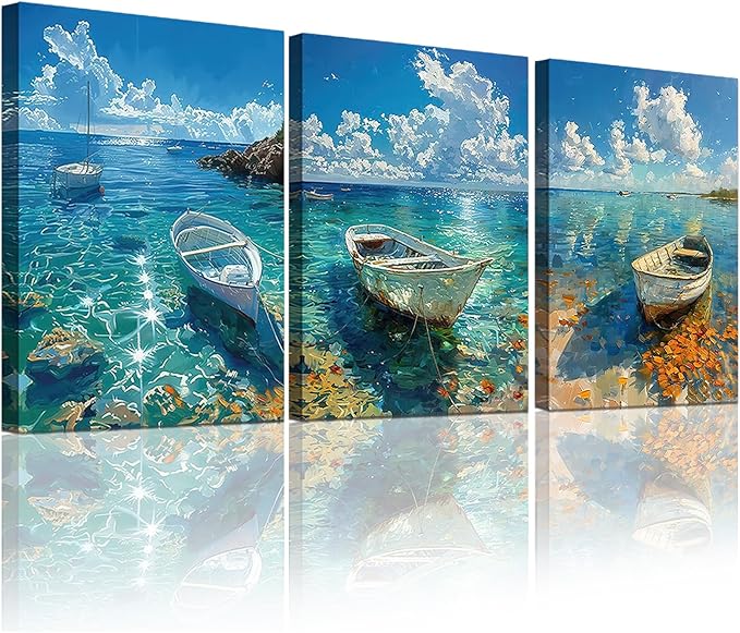 weiyiart Beach Decor Canvas Wall Art Blue Ocean Boat on the Sea Print Painting by weiyiart