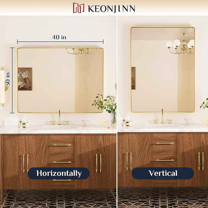 Keonjinn Gold Bathroom Mirrors for Over Sink, 40” x 30” Brushed Brass Mirror - Image 8