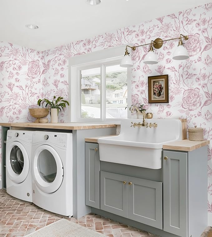 Yasinet Pink Floral Wallpaper Boho Peel and Stick Wallpaper Pink and White - Image 7