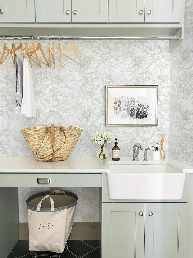 Ismoon Large Floral Peel and Stick Wallpaper Boho White and Green Contact Paper - Image 6