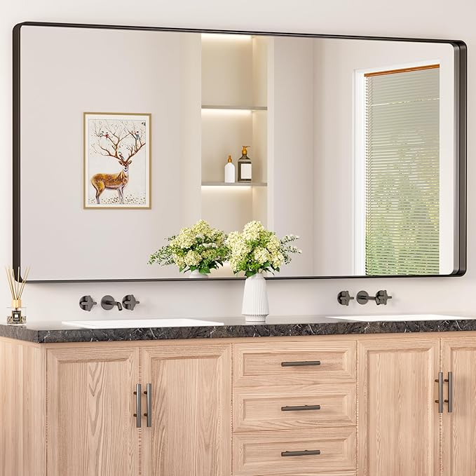 Keonjinn Black Bathroom Mirror for Over Sink, 72 x 36 Inch Large Rounded by Keonjinn