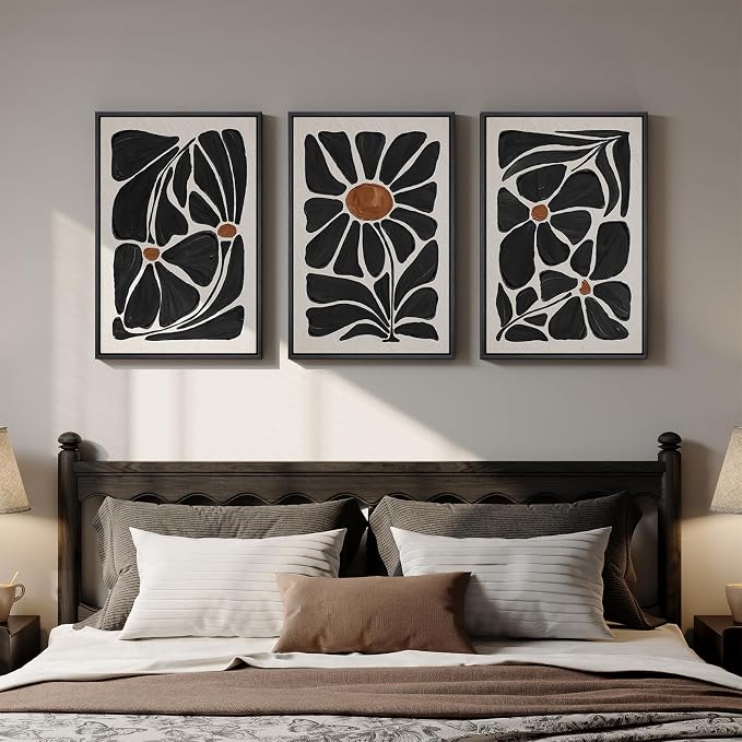 Framed Black and White Abstract Wall Art, 3 Piece Black Boho Floral Botanical - Image 4