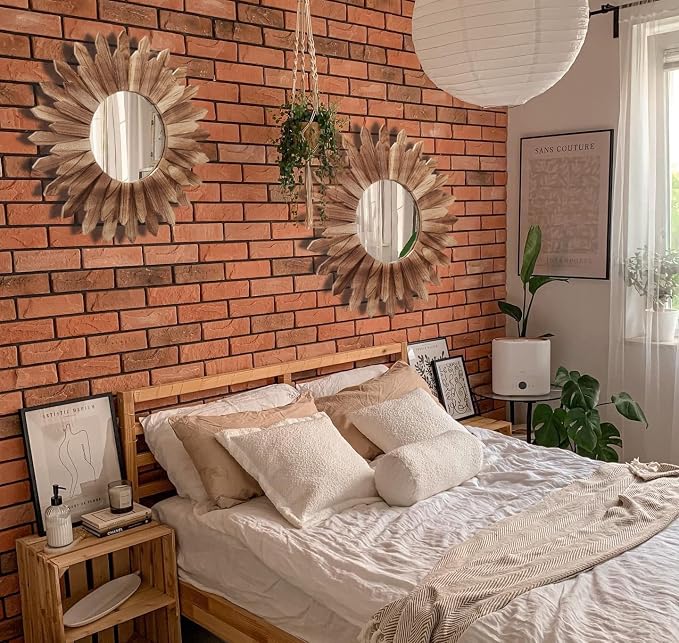 LOSOUR 2 Pack 22 Inch Boho Wall Sunburst Mirror Rustic Round Wood Decorative - Image 4