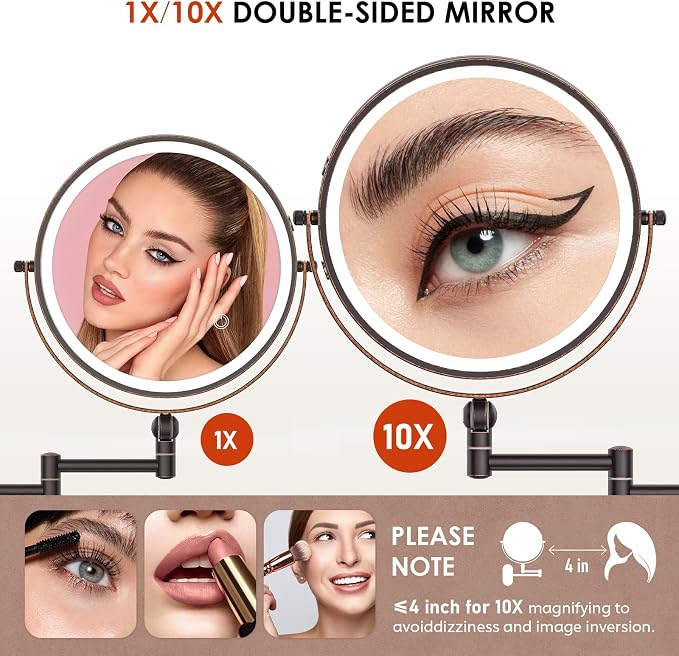 IMIKONA 9" Wall Mounted Lighted Makeup Mirror, 4000mAh Rechargeable Double - Image 3
