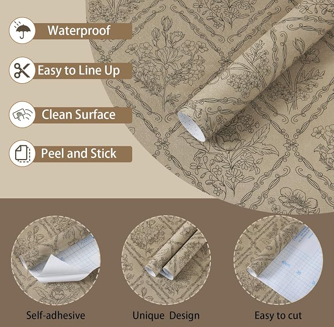 Toduso Peel and Stick Wallpaper Vintage Wall Paper Boho Contact Paper Brown - Image 2