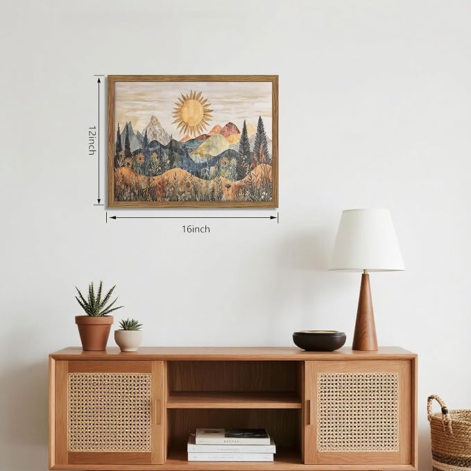 Framed Boho Sun Canvas Wall Art, Modern Abstract Mountain Landscape Painting - Image 3