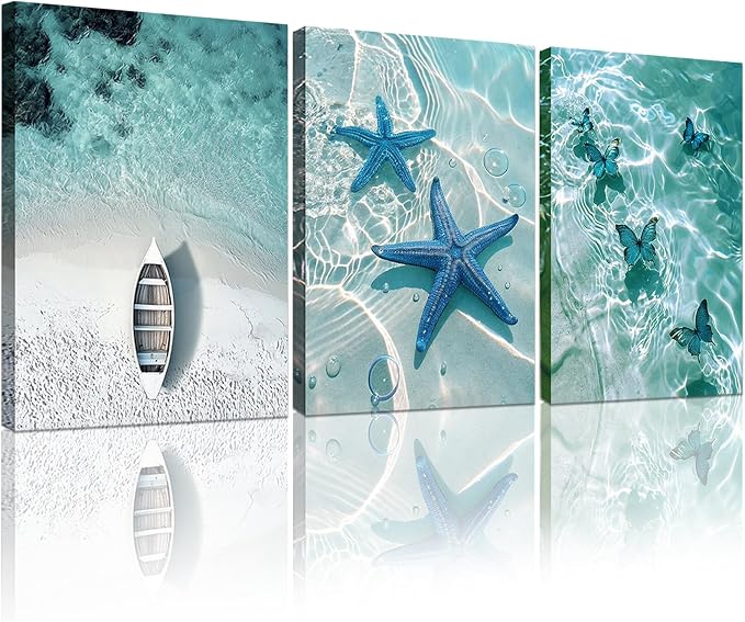 Ocean Wall Art Beach Canvas Print Starfish Shell on Teal Board Paintings by weiyiart