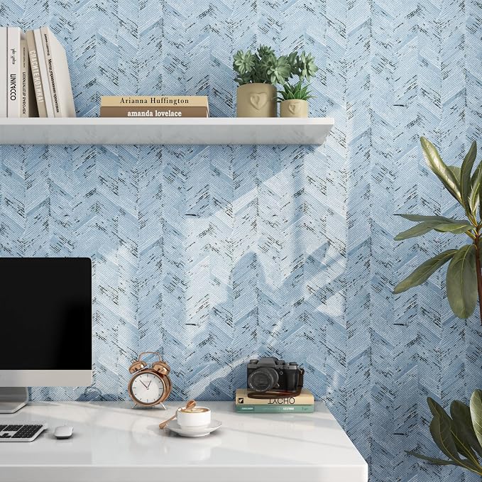 Livelynine 15.8x197 Blue and White Grass Cloth Wallpaper Peel and Stick Contact - Image 2