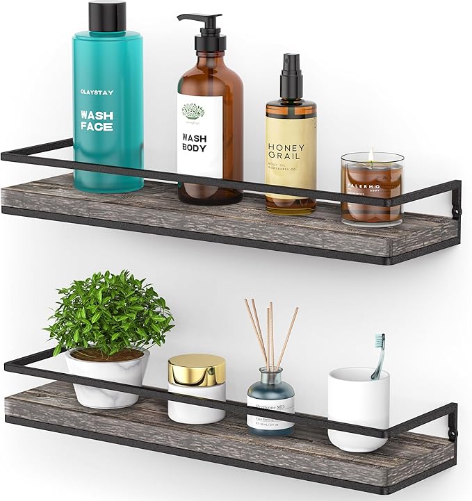 Meangood Floating Shelves Wall Mounted Set of 2, Rustic Wood Wall Storage by Meangood