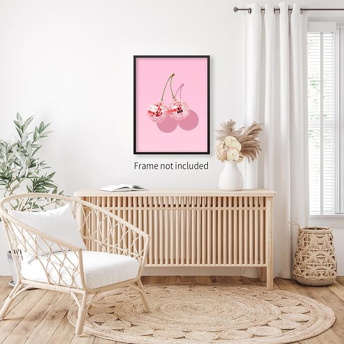 jkahh Pink Disco Ball Cherry Poster Retro Funky Preppy Fruit Wall Art Trendy - Image 5