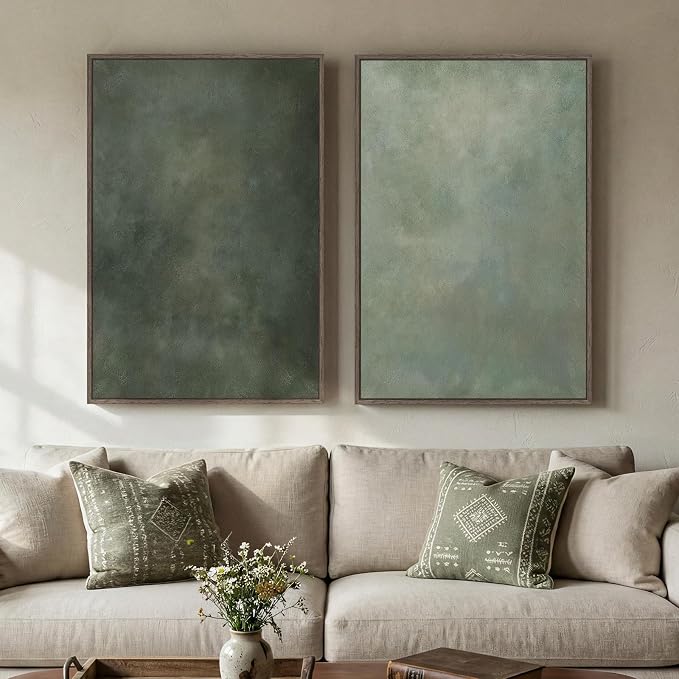 Large Framed Green Abstract Wall Art, 2 Piece Modern Canvas Art Prints Paintings by Cuspin