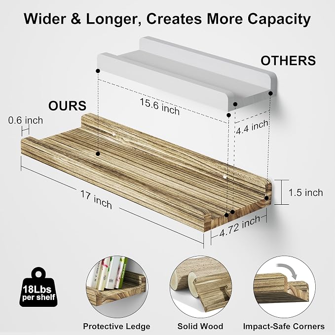 Love-KANKEI Floating Shelves Wall Mounted Set of 2, 17 Inch Rustic Wood Wall - Image 3