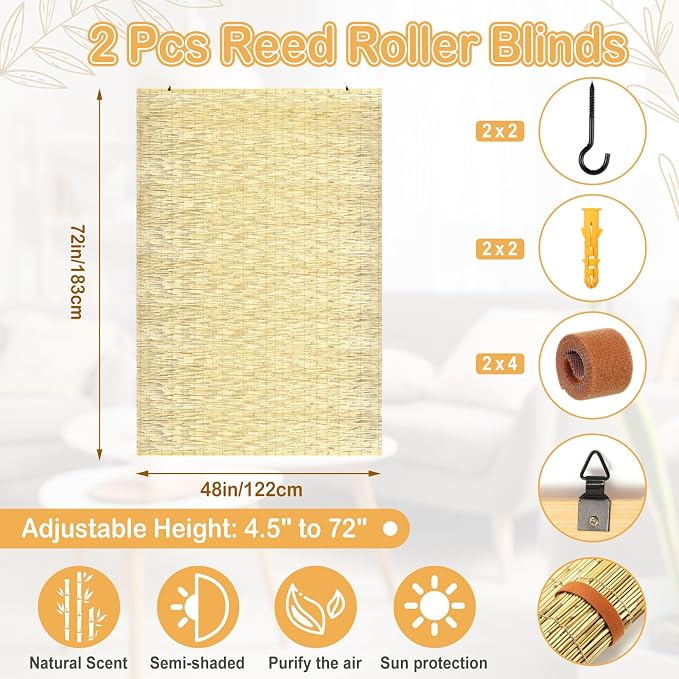 DoubleFill 2 Pcs Bamboo Shades Outdoor Reed Roll up Blinds 48" W x 72" H - Image 2