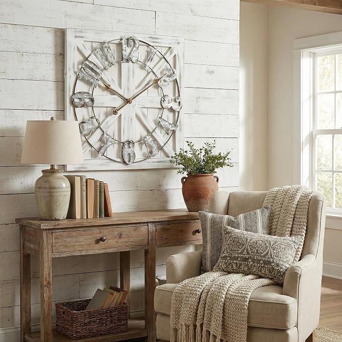 EMAX HOME Large Farmhouse Wall Clock – 24 Inch White Square Rustic Wooden Clock - Image 5