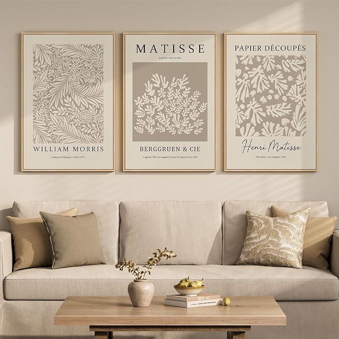 Framed Large Matisse Canvas Wall Art Set of 3, Vintage Neutral Abstract Floral by Cuspin