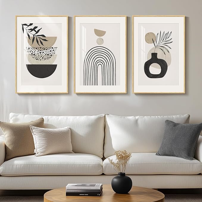 Framed Neutral Boho Wall Art Bedroom, 3 Piece Beige Mid Century Modern by Cuspin