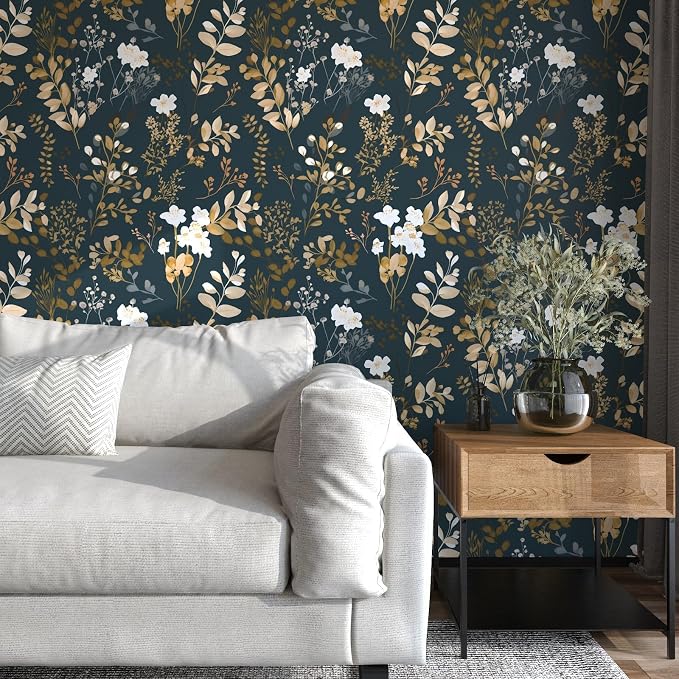 Laatse Navy Floral Wallpaper Peel and Stick Boho Wallpaper Vintage Blue/Gold - Image 5
