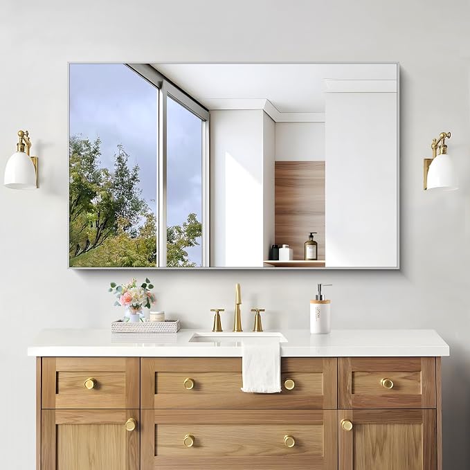 KOCUUY Silver Bathroom Mirror, HD Tempered Glass, Anti-Rust Brushed Silver Frame - Image 2