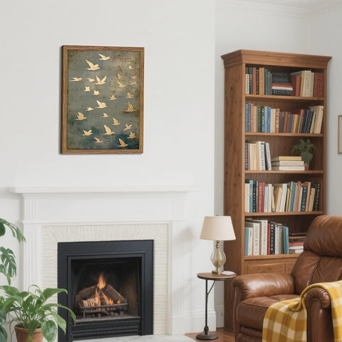 Framed Flock of Birds Canvas Wall Art, Vintage Minimalist Abstract Landscape - Image 7
