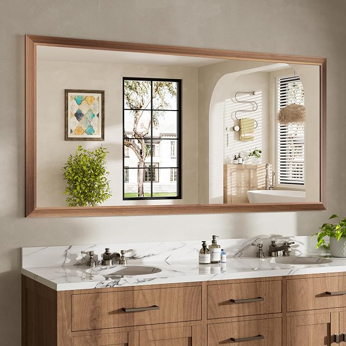 72x36 Inch Bathroom Mirror for Wall, Anti-Rust Walnut Wood Grain Metal Framed by Briivuemodernmirrors
