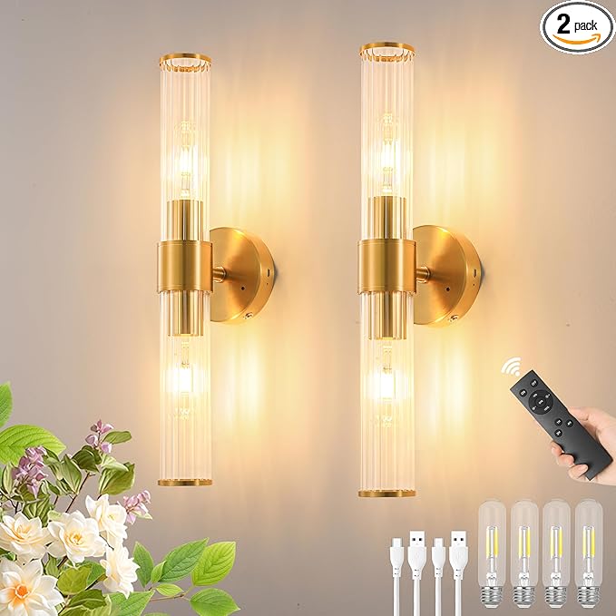Morauroral Gold Battery Operated Wall Sconces Set of Two, Rechargeable Wall by Morauroral