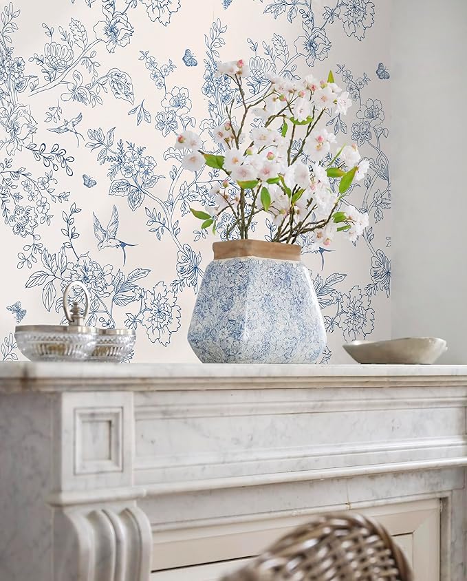 Froluya Cream White and Blue Floral Wallpaper Peel and Stick Wallpaper - Image 4